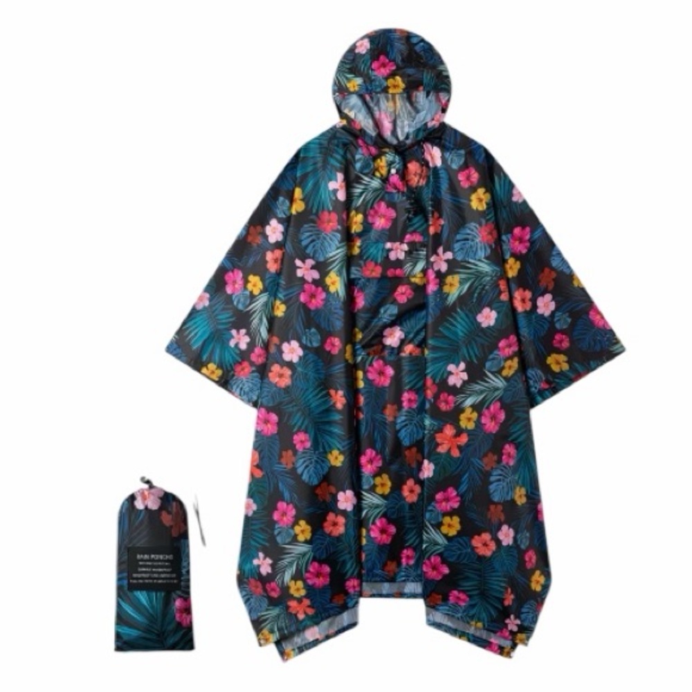 Floral Water-Resistant Hooded Rain Poncho With Carry Bag In Blue Multi NWOT